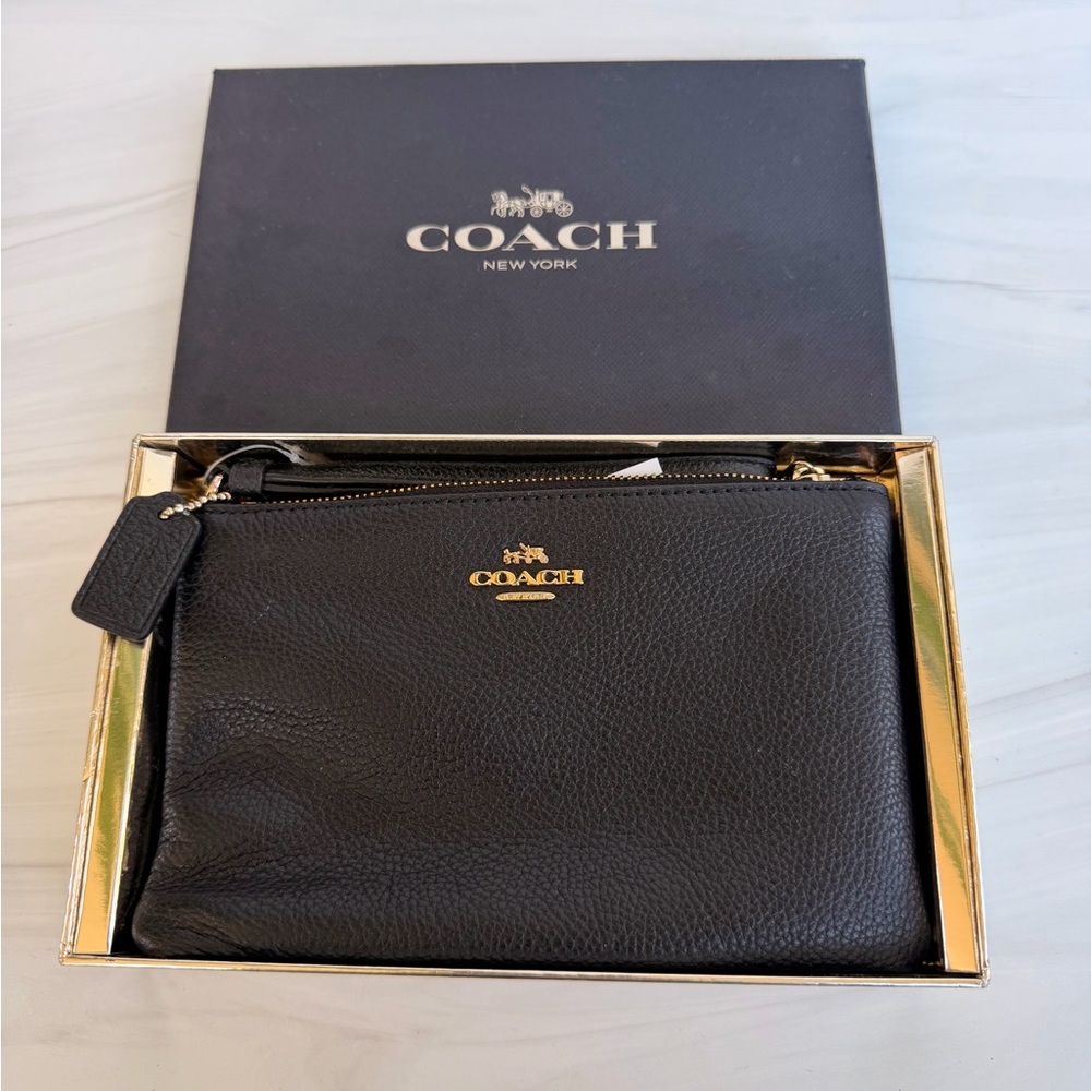 Coach Black Leather Wristlet with Gold Accent